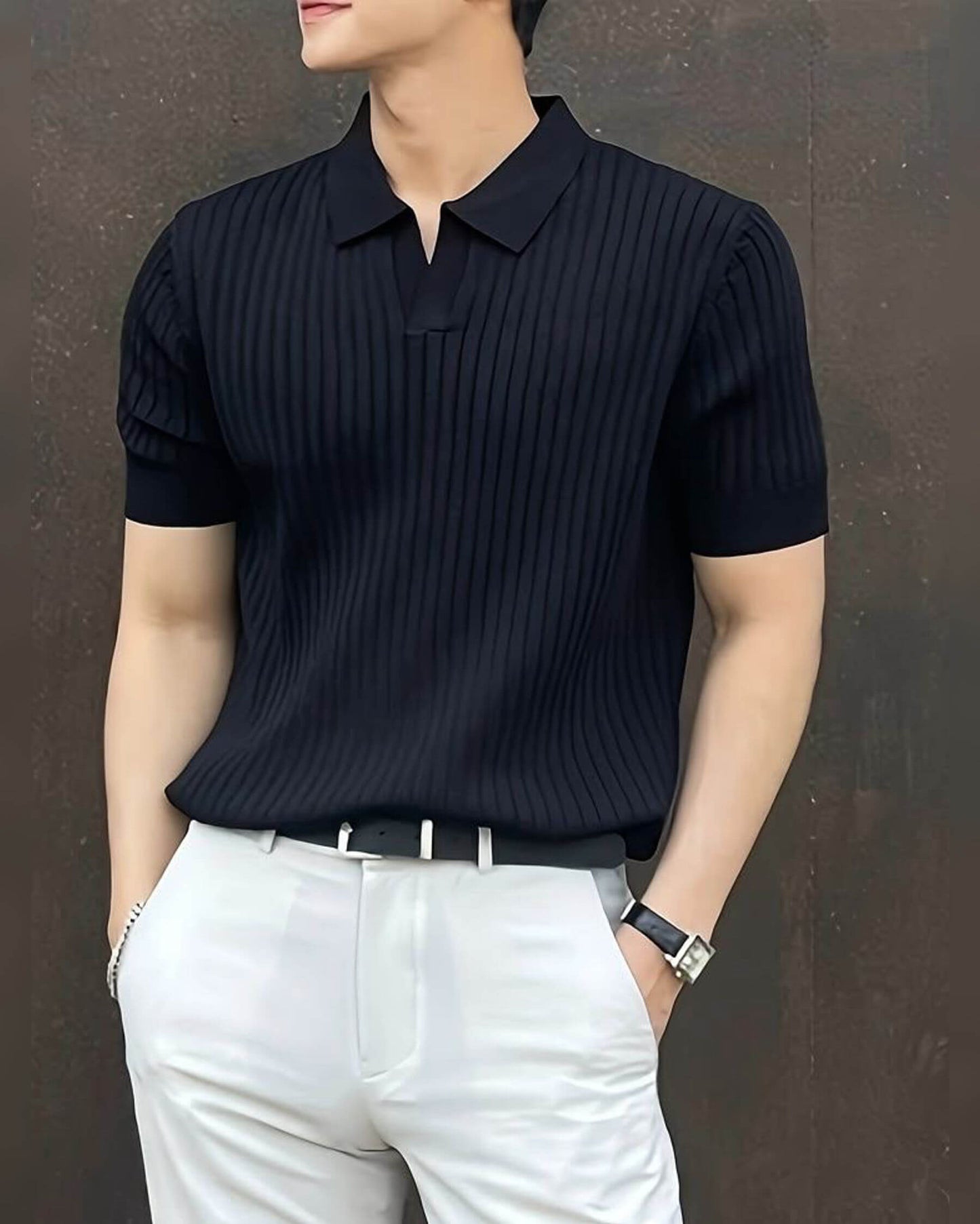 Navy Blue Half Sleeve Knitted T-Shirt for Men | Stylish Cotton Knit Tee