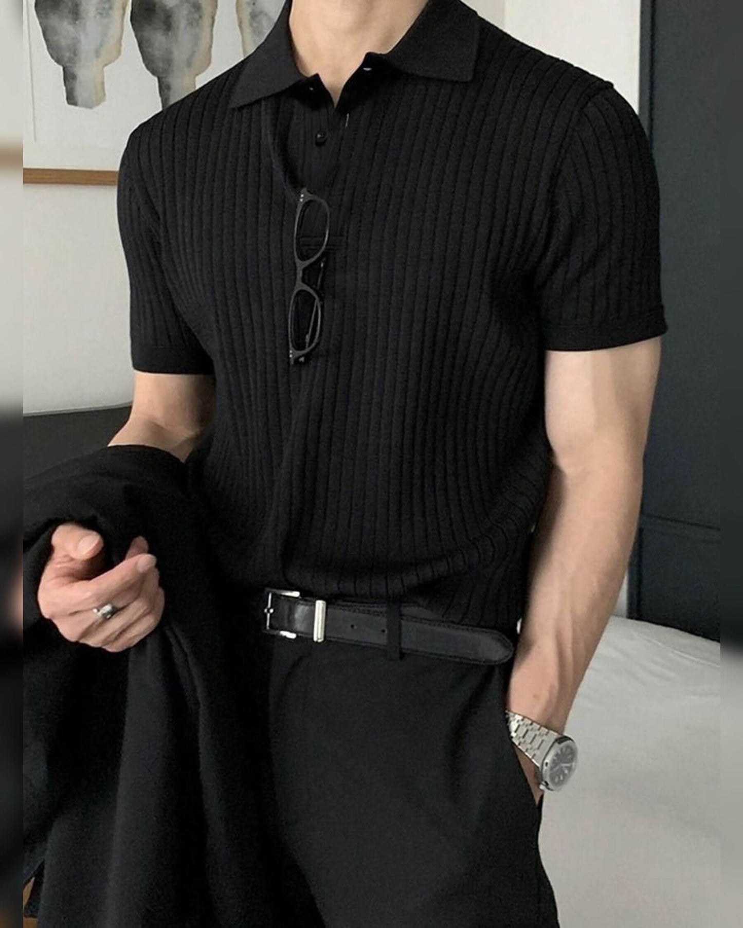 Black Half Sleeve Knitted T-Shirt for Men | Stylish Cotton Knit Tee