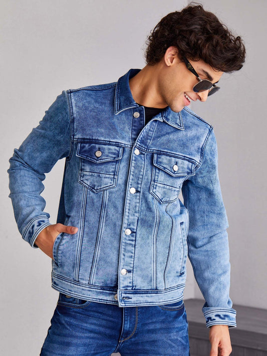 Light Blue Solid Denim Jacket