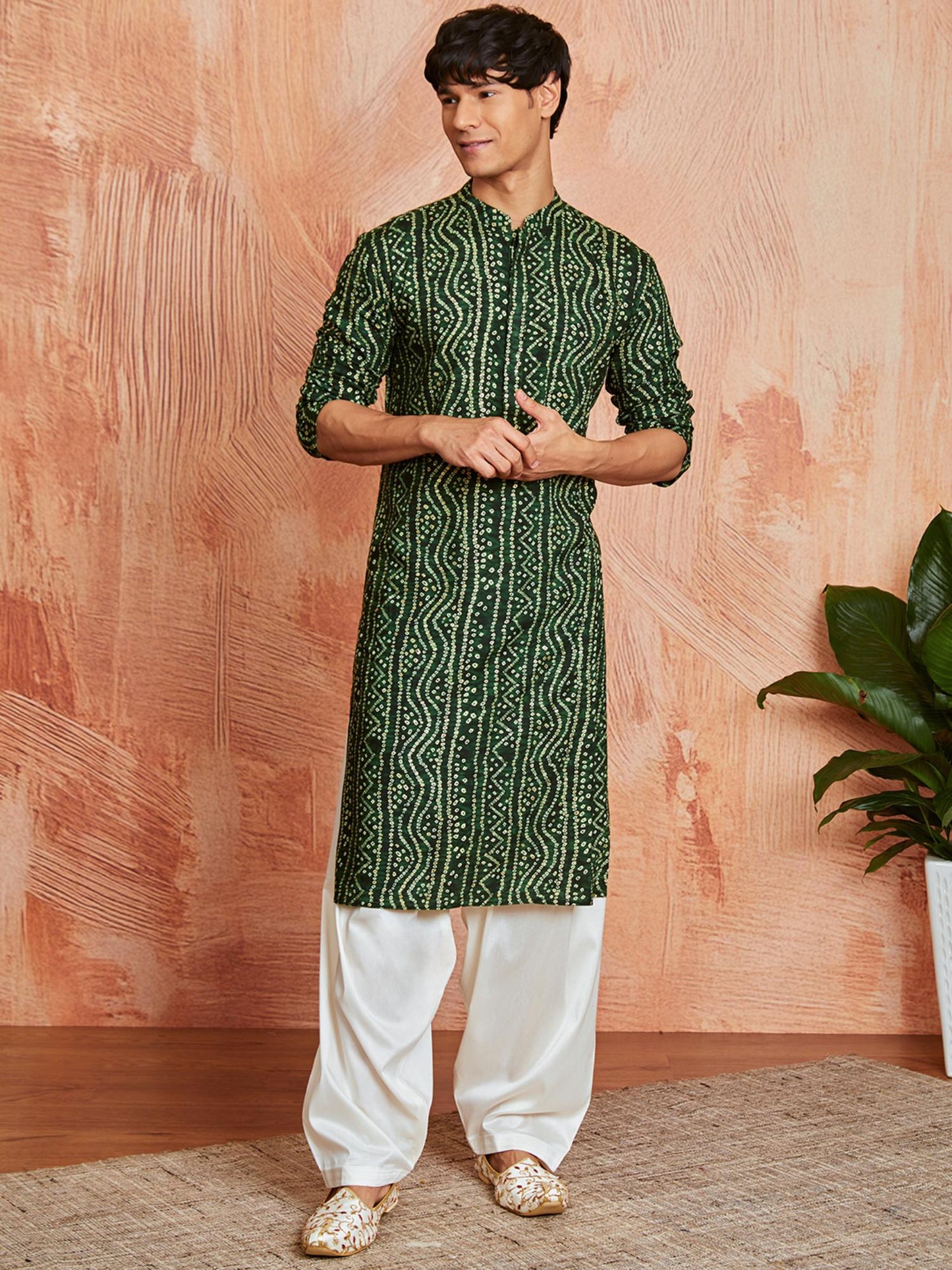 Mens Rayon Bandhani Printed Kurta With Patiala