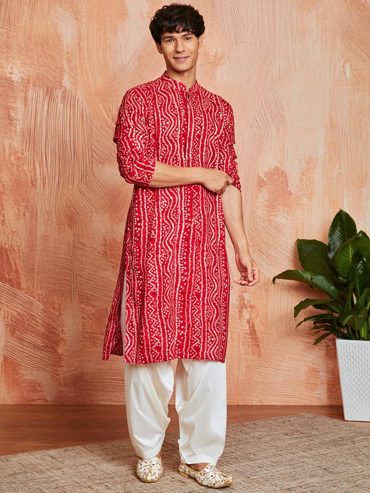 Mens Rayon Bandhani Printed Kurta With Patiala