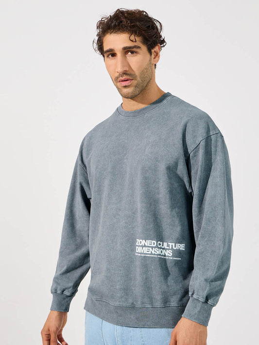 Men Acid Wash Minimal Print Boxy Fit Blue Sweatshirt