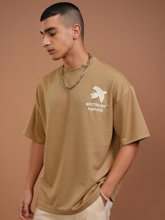 Men Crew Neck Half Sleeve Embroidery T- Shirt-Brown