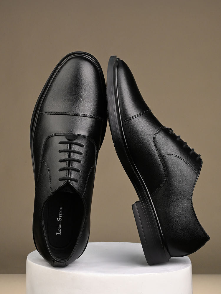 Men Jet Black Leather Lace-Up Formal Oxfords