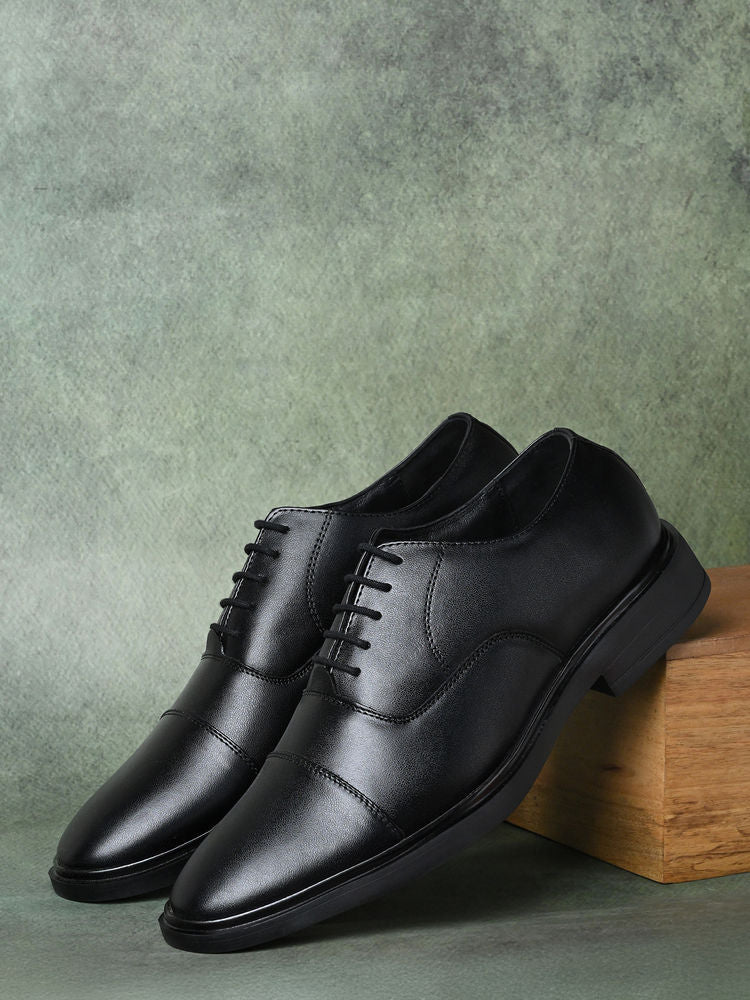 Men Jet Black Leather Lace-Up Formal Oxfords