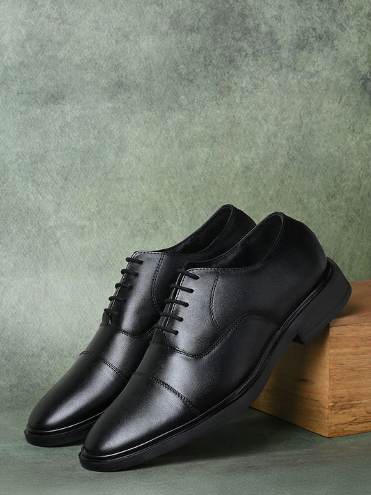 Men Jet Black Leather Lace-Up Formal Oxfords